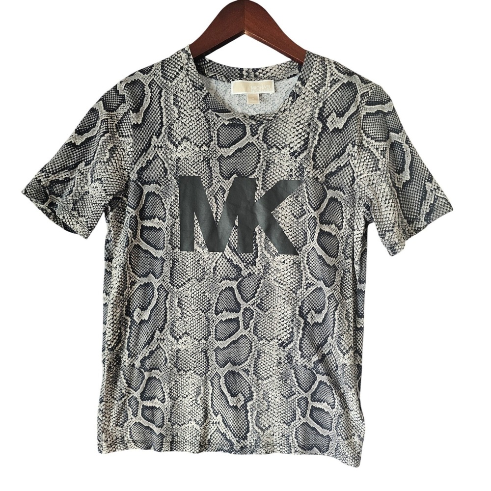 Michael Kors Womens Snakeskin Print MK Logo Organic Cotton T-Shirt Grey Small